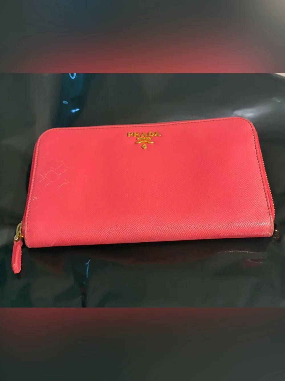 Prada Pink Saffiano Leather Metal Lettering Zip-Around Long Wallet